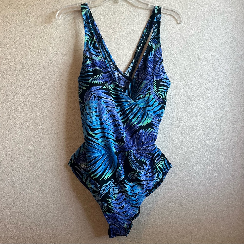 Speedo One Piece Swimsuit Tropical Blue Green Purple Print Women’s Size 18